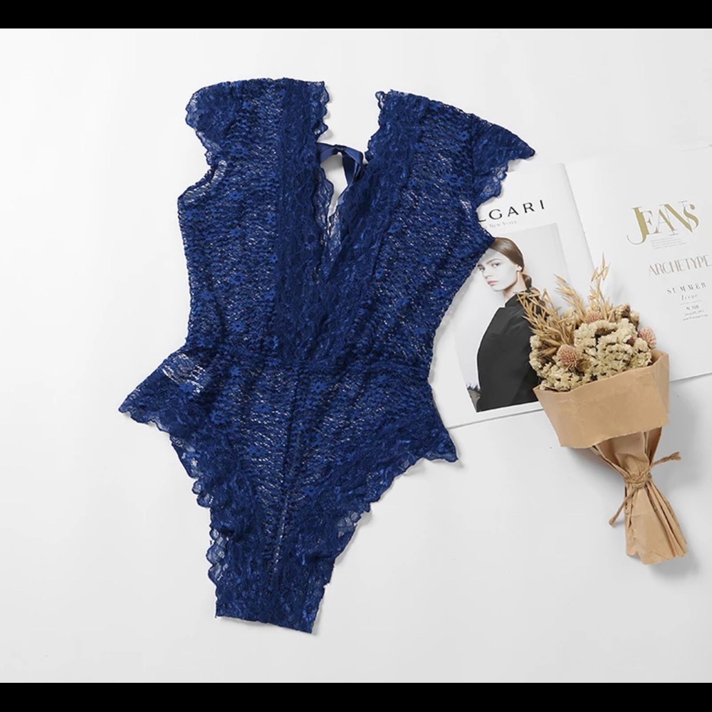 S/M Blue Backless Deep V Exquisite Lace Teddy